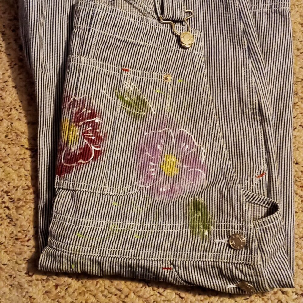 SOLD!! - Vintage Artsy Painted Baccini Denim Jean Shortalls Shorts Overalls Sz L - Picture 3 of 16